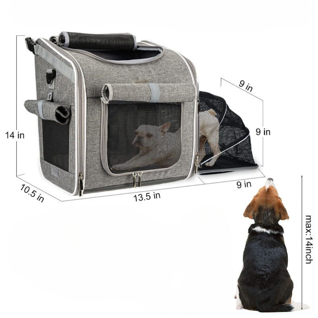 Praktische Tiermittransporttasche 3-in-1 für Hunde, nutzbar am Fahrrad, im Auto oder als Tragetasche, sehr bequem.
