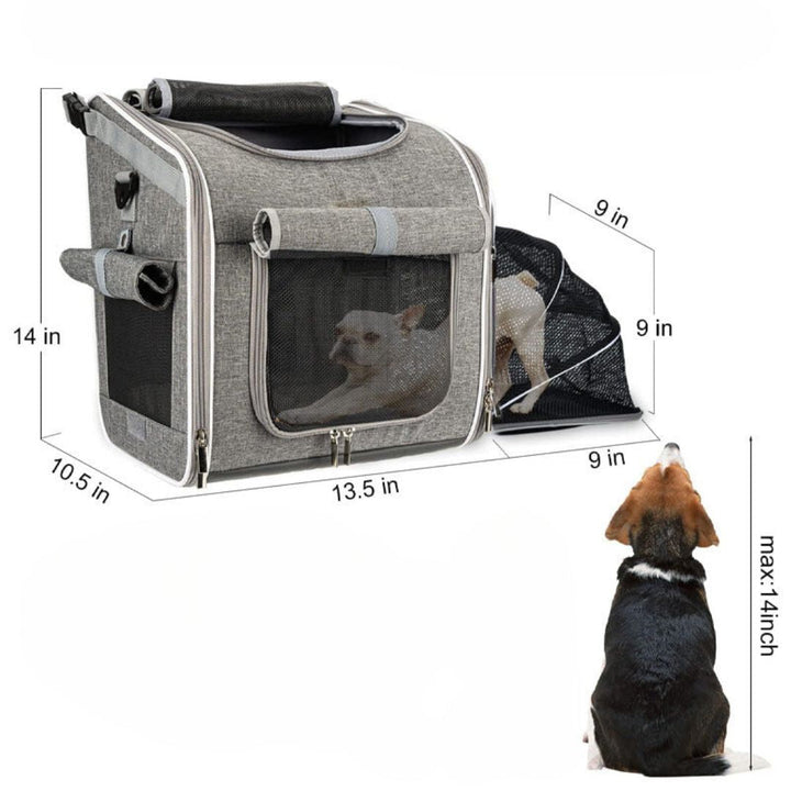 Praktische Tiermittransporttasche 3-in-1 für Hunde, nutzbar am Fahrrad, im Auto oder als Tragetasche, sehr bequem.
