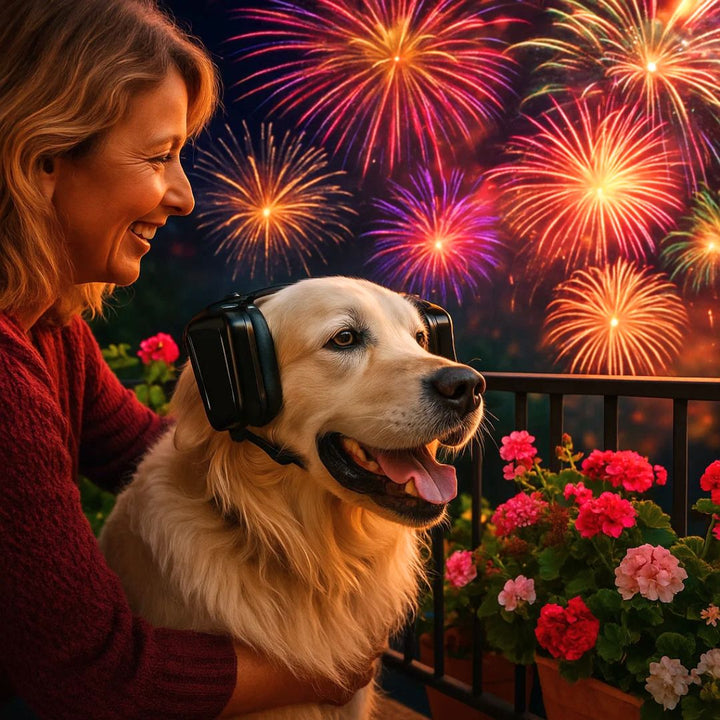 Lärmschutz Ohrenschützer für Hunde bei Feuerwerk, Gewitter oder Baustellen. Bietet Ruhe und Stressreduktion für Tiere.