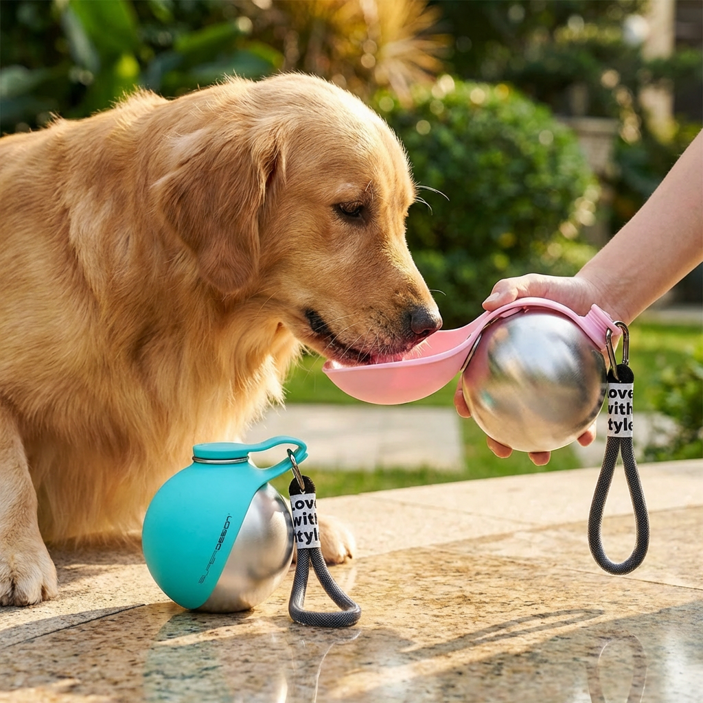 Hunde-Reise-Trinkflasche aus Edelstahl mit ausklappbarem Silikonnapf für Wasser unterwegs.