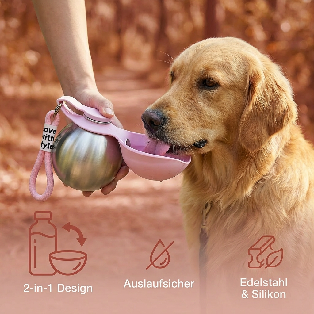 Praktische 2-in-1 Wasserflasche für Hunde: Edelstahl-Trinkflasche & integrierter Silikon-Reisenapf.