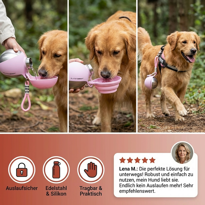 Auslaufsichere Hunde-Wasserflasche mit Edelstahlkörper und blauem Silikonnapf, ideal für Reisen.