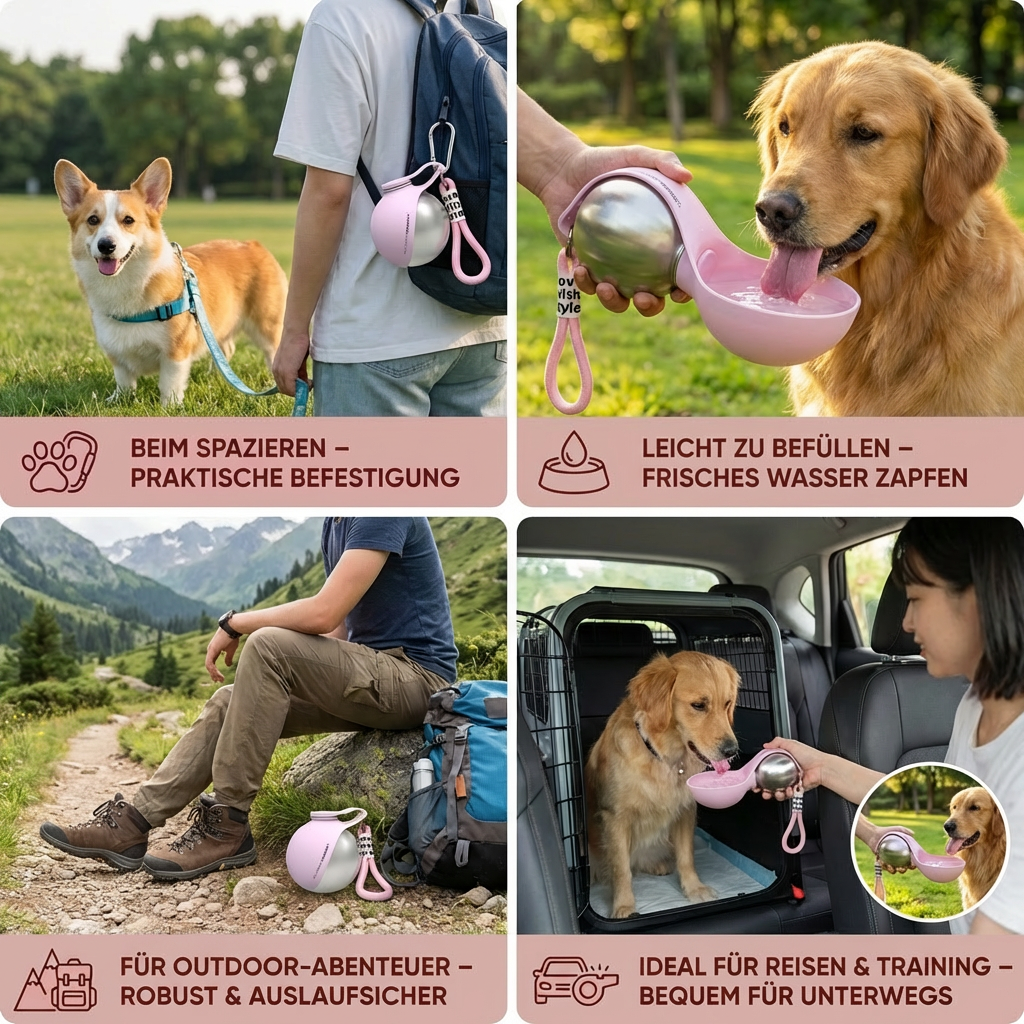 Robuste Edelstahl-Trinkflasche für Hunde mit faltbarem Silikonnapf – perfektes Tierzubehör für unterwegs.