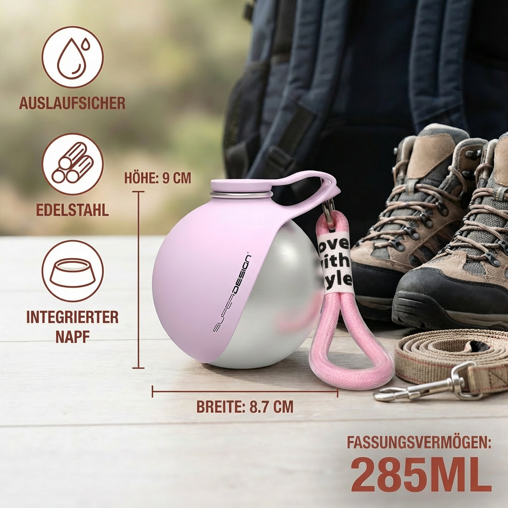 Detailansicht der Hunde-Reise-Trinkflasche: Ausgeklappter Silikonnapf am Edelstahlflaschenboden.
