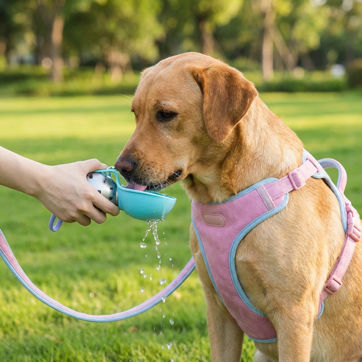 Ergonomische Hunde-Wasserflasche mit Trinkfunktion und integriertem Napf für Wasserversorgung auf Reisen.