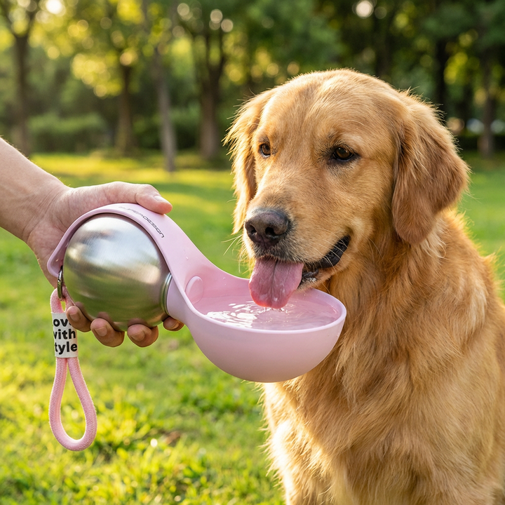 Hochwertige Hunde-Trinkflasche mit Edelstahldesign und abnehmbarem Silikon-Fressnapf für unterwegs.