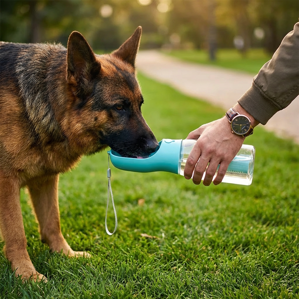 Hunde Reise-Trinkflasche mit Futterbehälter & Kotbeutelspender: Der 3-in-1 Begleiter für unterwegs.