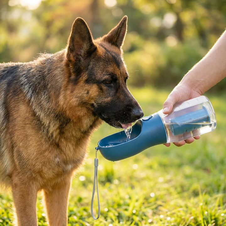 Zeigt die 3-in-1 Hunde-Reiseflasche in moderner Optik, bereit für das nächste Abenteuer.