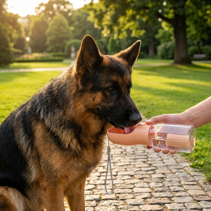 Hundebesitzer lieben diesen 3-in-1 Begleiter: Trinkflasche, Futterbehälter & Kotbeutel für Ausflüge.