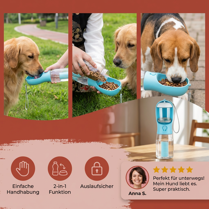 Kompakte Hundeflasche mit integriertem Futterbehälter für Snacks bei langen Spaziergängen.