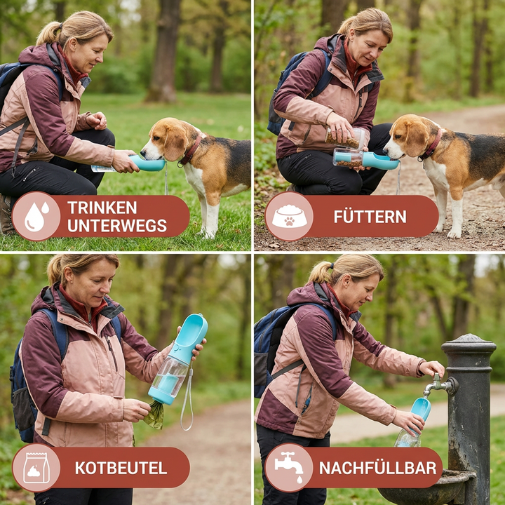Praktischer Kotbeutelspender in der Hunde-Reiseflasche – hygienisch und immer griffbereit.
