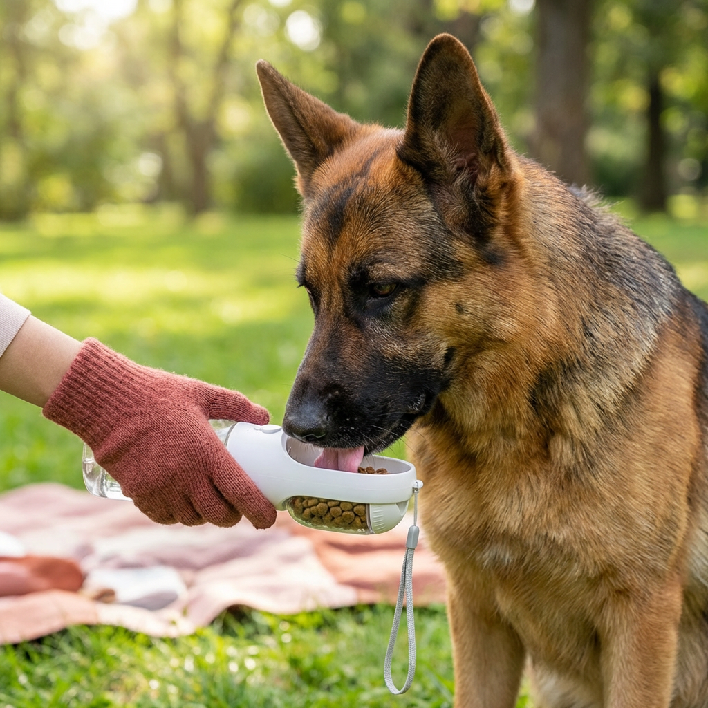 Einfach zu bedienende Wasserflasche mit Napf für Hunde; kein Durst mehr beim Spaziergang.