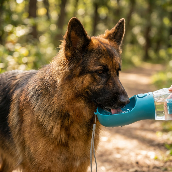 Multifunktionale Hunde-Trinkflasche mit integriertem Futterbehälter und Müllbeutelspender.