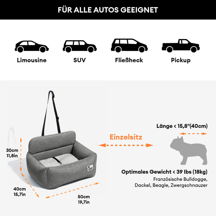 Weicher Hundeautositz, perfekt für lange Autofahrten, sorgt für Gemütlichkeit.