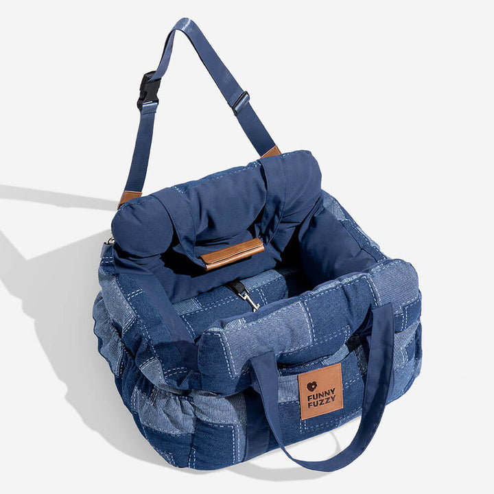 Hundeautositz mit Schutzfunktion, Denim Patchwork, hält Ihr Haustier sicher an Ort und Stelle.