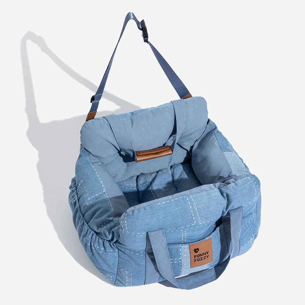 Outdoor-geeignetes Hundeautositzbett Vintage Denim Patchwork, robust und langlebig für Reisen.
