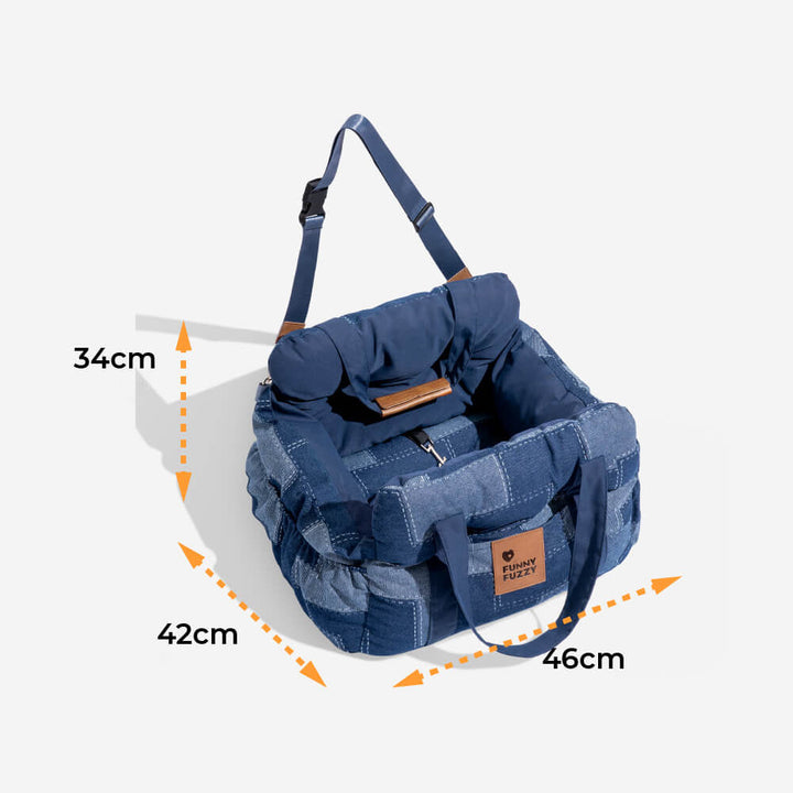 Haustier-Autositz Denim Patchwork, speziell für kleine bis mittelgroße Hunde konzipiert.