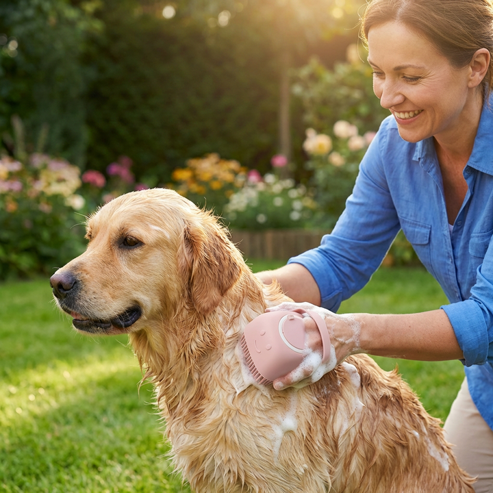 Hundebadebürste mit Shampoo-Spender für Tiefenreinigung & Fellpflege; angenehme Massage für Ihr Haustier.