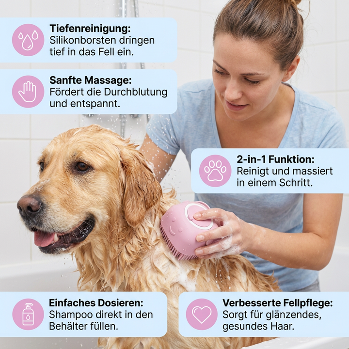 Ergonomische Hundebürste mit Shampoo-Spender; sanfte Massagebürste für entspannende Haustierpflege.