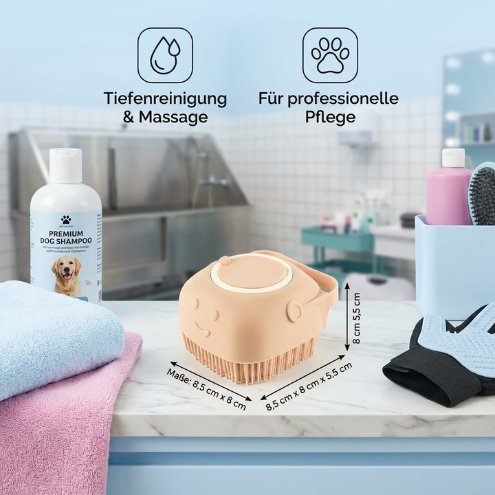 Effektive Hundebürste für die Tiefenreinigung; kombiniert Fellpflege mit praktischem Shampoo-Spender.