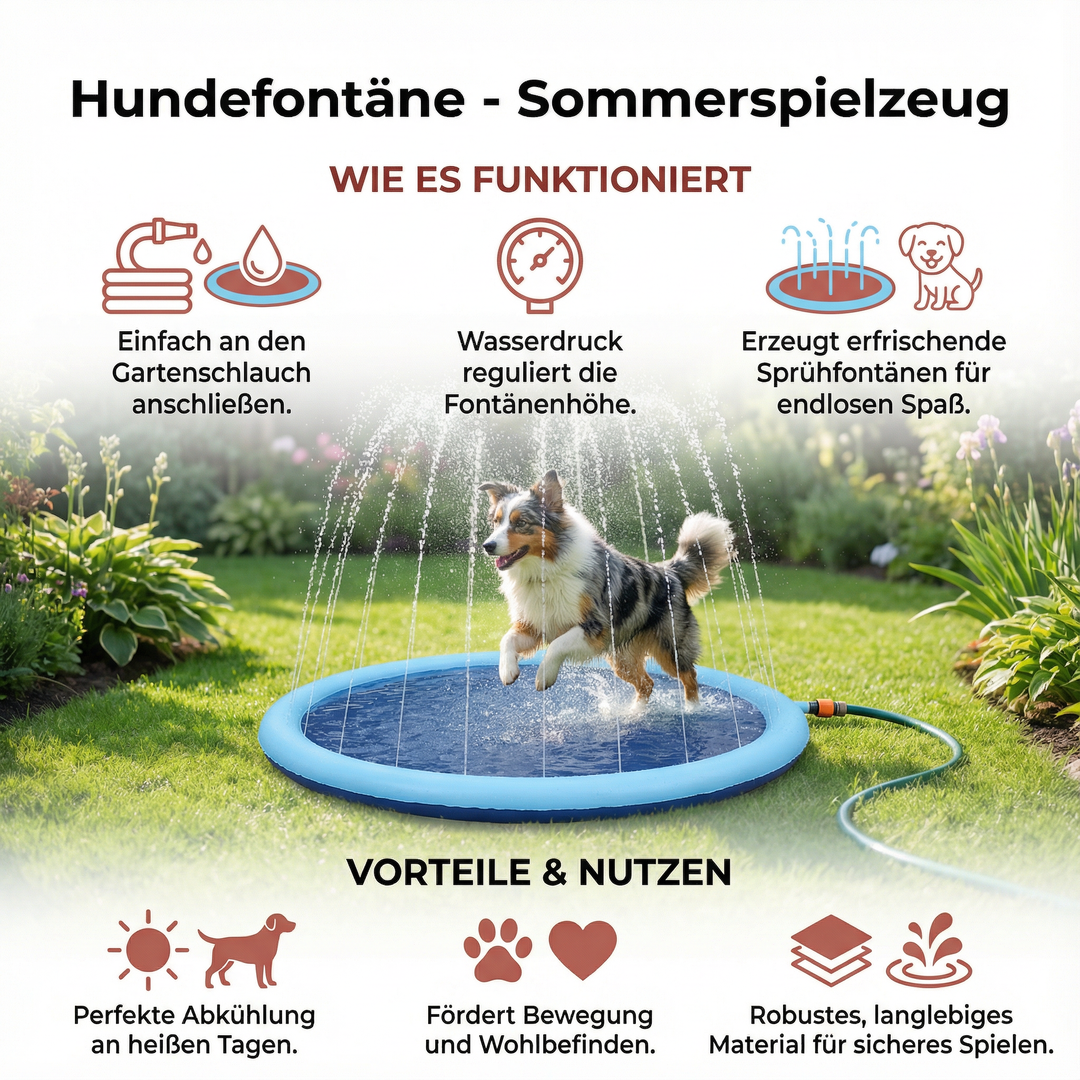Fröhlicher Hund spielt mit der interaktiven Hundefontäne. Ideales Wasserspielzeug für Sommer-Abkühlung.
