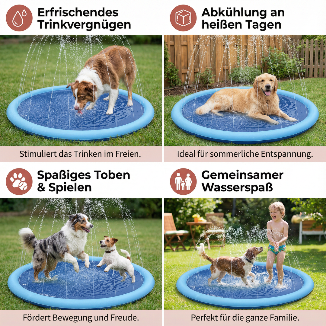 Ein Labrador trinkt und spielt genüsslich an der Gartenspielzeug Hundefontäne. Sommertag-Abkühlung.