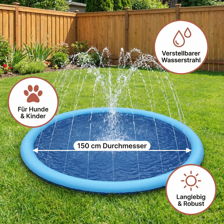 Weiße Hundefontäne als Wasserspielzeug, das Spaß und Erfrischung für Hunde im Garten bietet.