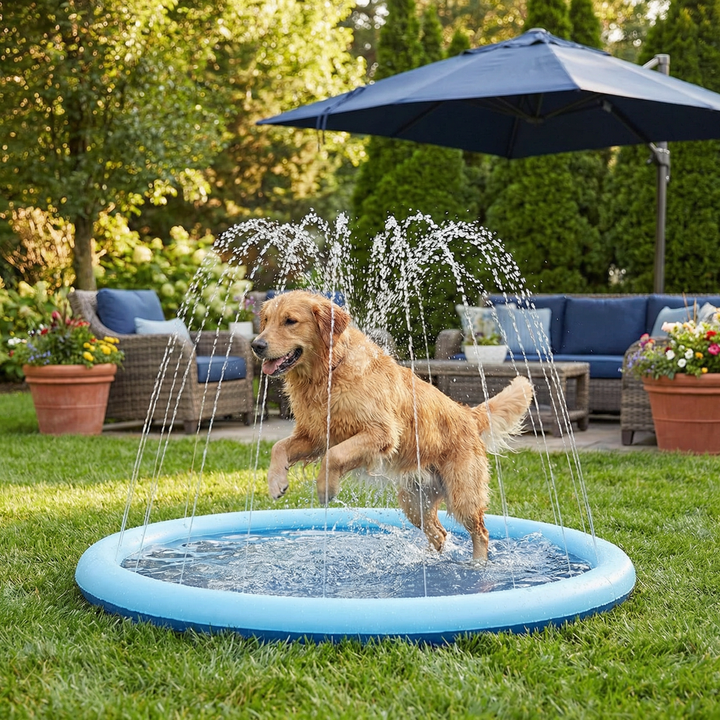 Haustier genießt frisches Wasser aus der Hundefontäne. Ideales Outdoor-Wasserspielzeug für Abkühlung.