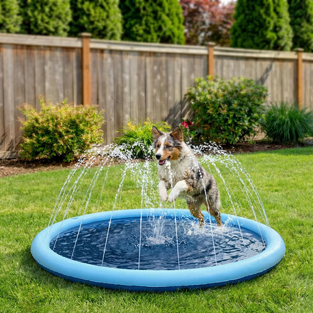 Interaktive Hundefontäne: Wasserspielzeug fördert Trinken und Spiel für Haustiere im Sommergarten.