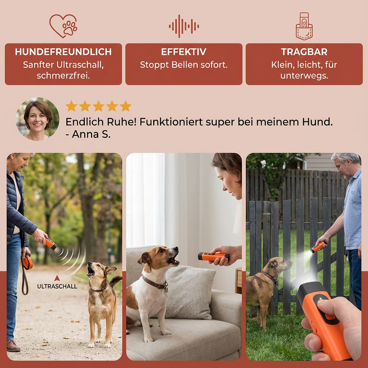 Modernes Anti-Bell Ultraschall Gerät, ideal für das Verhaltenstraining und ruhiges Zusammenleben mit Ihrem Haustier.