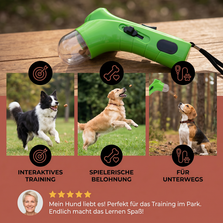 Handliche Leckerli-Wurfpistole für schnelles Belohnen und interaktives Hundespiel outdoor. Perfekt für Training.