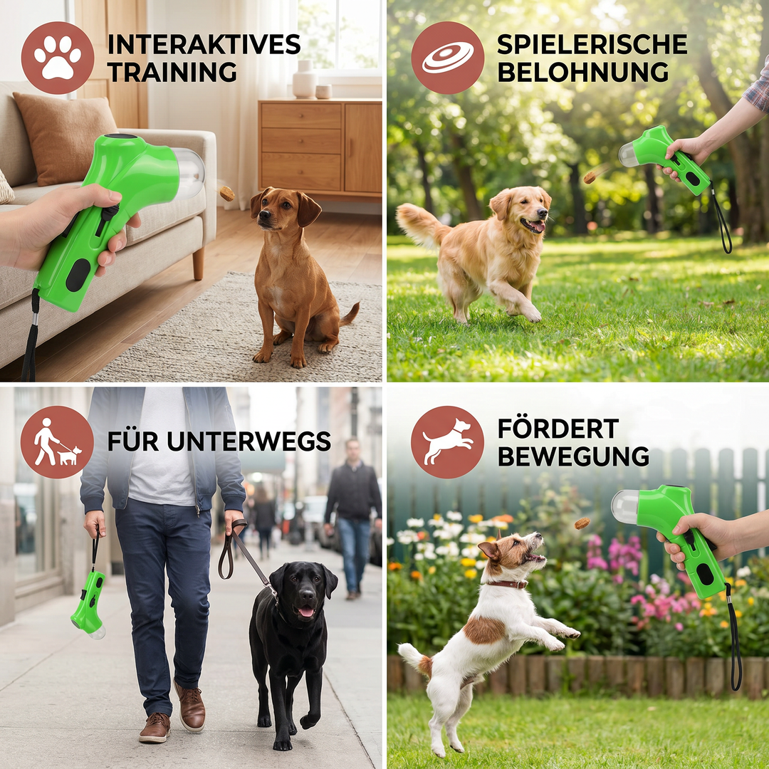 Kompakter Leckerli-Werfer für unterwegs. Ideal für Hundetraining, Spiel & Belohnung outdoor. Zubehör.