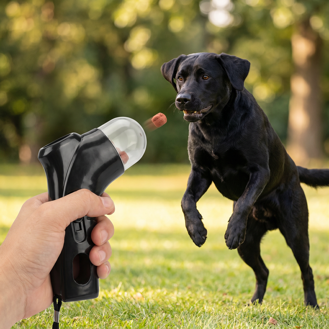 Spaßiges Hundezubehör: Leckerli-Werfer-Pistole fördert Spiel, Training & Bindung draußen. Für alle Hunde.