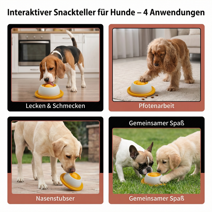 Ein glücklicher Hund leckt genüsslich an seinem Slow Feeder Teller für Stressabbau. Beruhigendes Futterspielzeug.