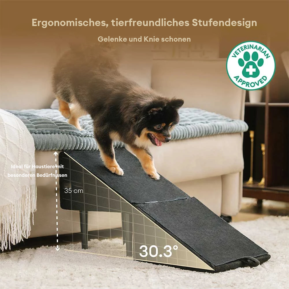 Robuste Hundetreppe aus Holz, speziell für Senioren & kleine Hunde, fördert sicheren Aufstieg & Komfort.