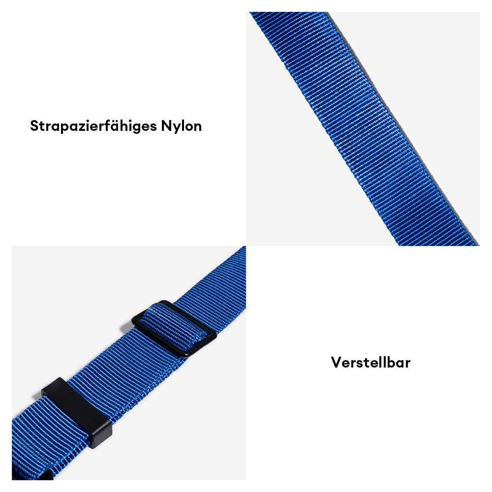 Nahaufnahme des stabilen Metallverschlusses am Hundesicherheitsgurt aus Nylon.