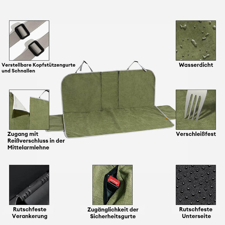 Praktischer Sitzschoner für Hunde im Auto, schützt vor Haaren, Schmutz und Nässe; einfach zu reinigen.
