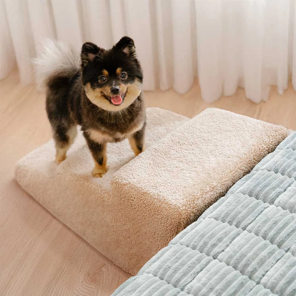Graue Haustiertreppe für einfaches Erreichen von Sofa & Bett. Gelenkschonend für Hunde.