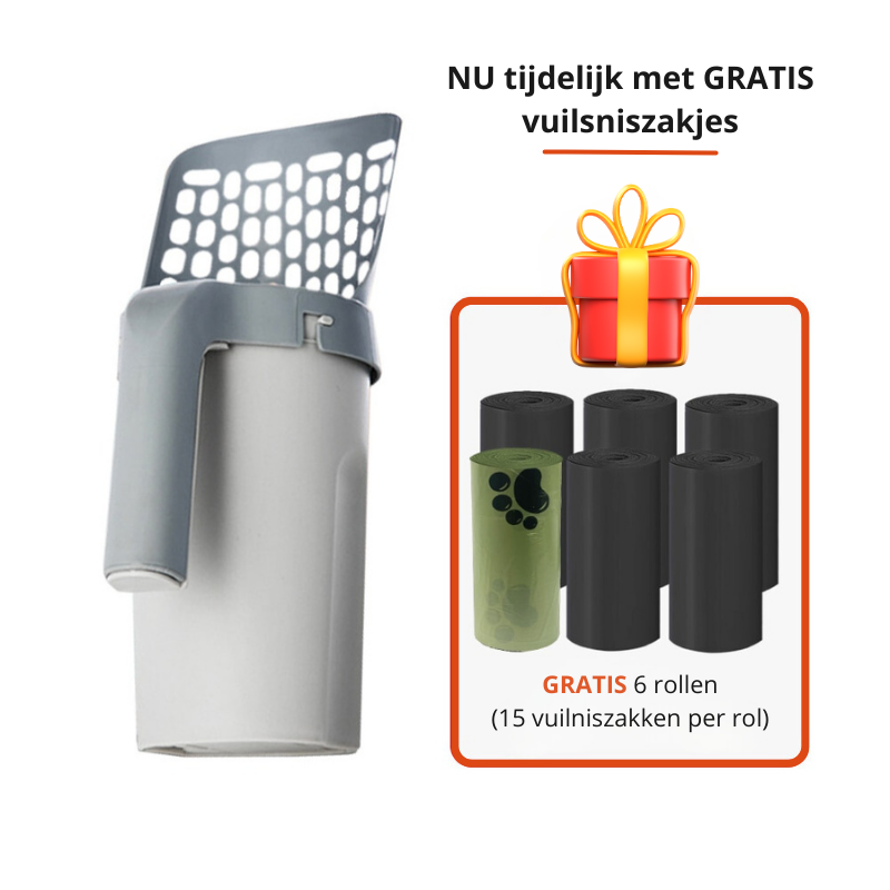 EasyScoop Katzenschaufel Nahaufnahme: ergonomischer Griff und innovatives Abfallsystem für saubere Tierpflege.