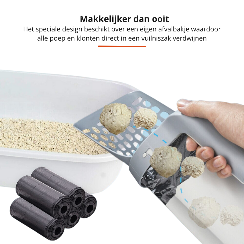 EasyScoop Katzenschaufel im Gebrauch, entfernt Katzenstreu hygienisch aus dem Katzenklo. Schnelle Reinigung.