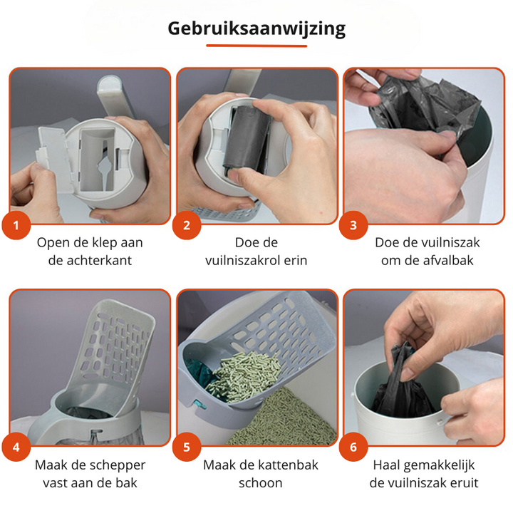 Die EasyScoop Katzenschaufel mit Abfallsystem gewährleistet geruchsfreie und hygienische Katzenklo-Reinigung.