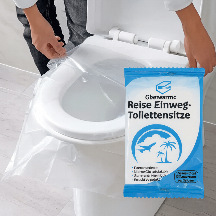 Hygienische Einweg-Toilettensitzauflagen für unterwegs. Bietet Keimschutz auf öffentlichen Toiletten, ideal für Reisehygiene.