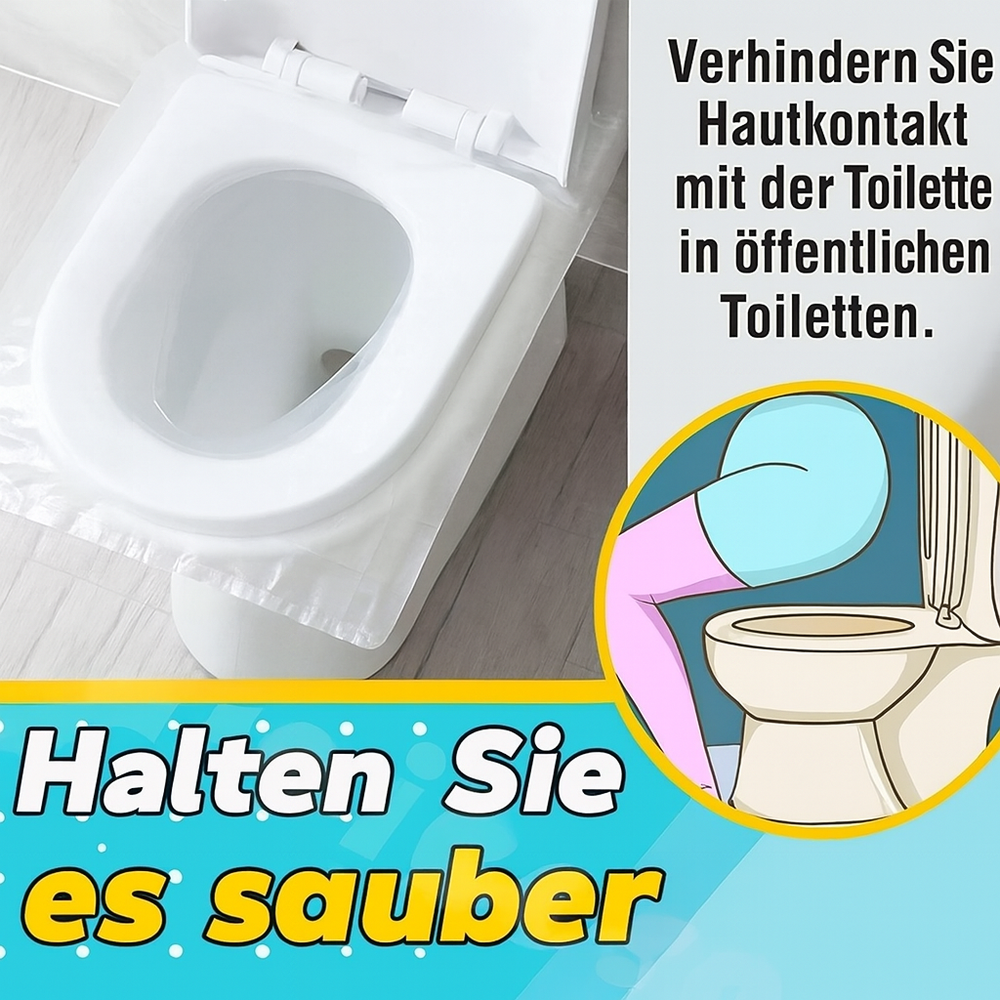 Person legt wasserdichte Einweg-Toilettensitzauflage auf öffentliche Toilette. Optimaler Schutz & Hygiene für Bad & Reise.