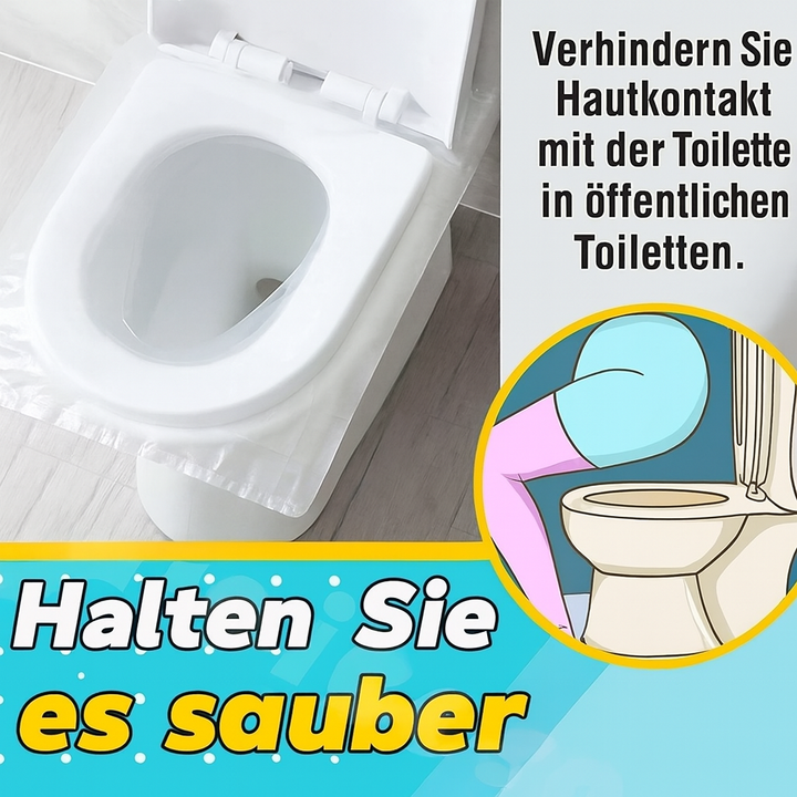 Person legt wasserdichte Einweg-Toilettensitzauflage auf öffentliche Toilette. Optimaler Schutz & Hygiene für Bad & Reise.