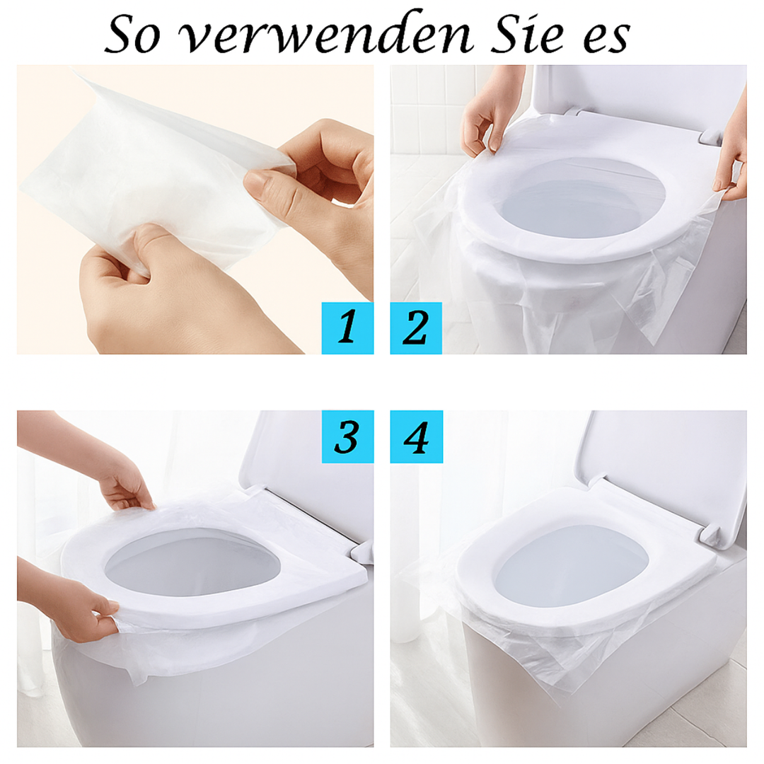 Großpackung hygienischer Einweg-Toilettensitzauflagen. Ideal für Familien, Camping und längere Reisen.