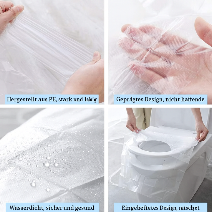 Engaufnahme einer Einweg-Toilettensitzauflage, die wirksamen Keimschutz bietet. Unverzichtbar für öffentliche Toiletten.