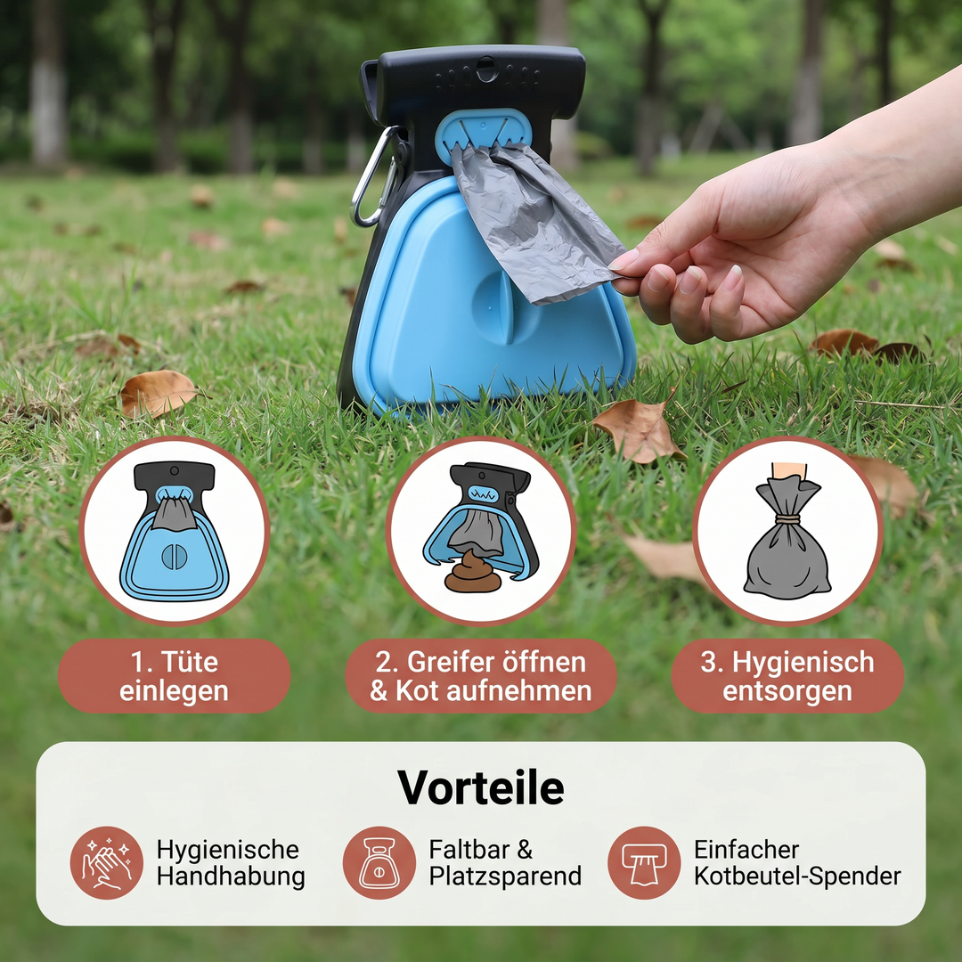 Ergonomischer Hunde-Kotgreifer mit Kotbeutel, faltbar, macht Hundespaziergänge sauberer. Tierbedarf.