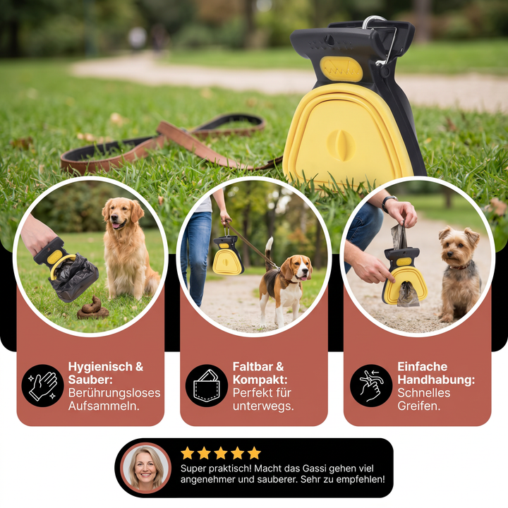 Kompakter Hunde-Kotgreifer, faltbar, perfekt für den Hundespaziergang. Hygienisch und umweltfreundlich.