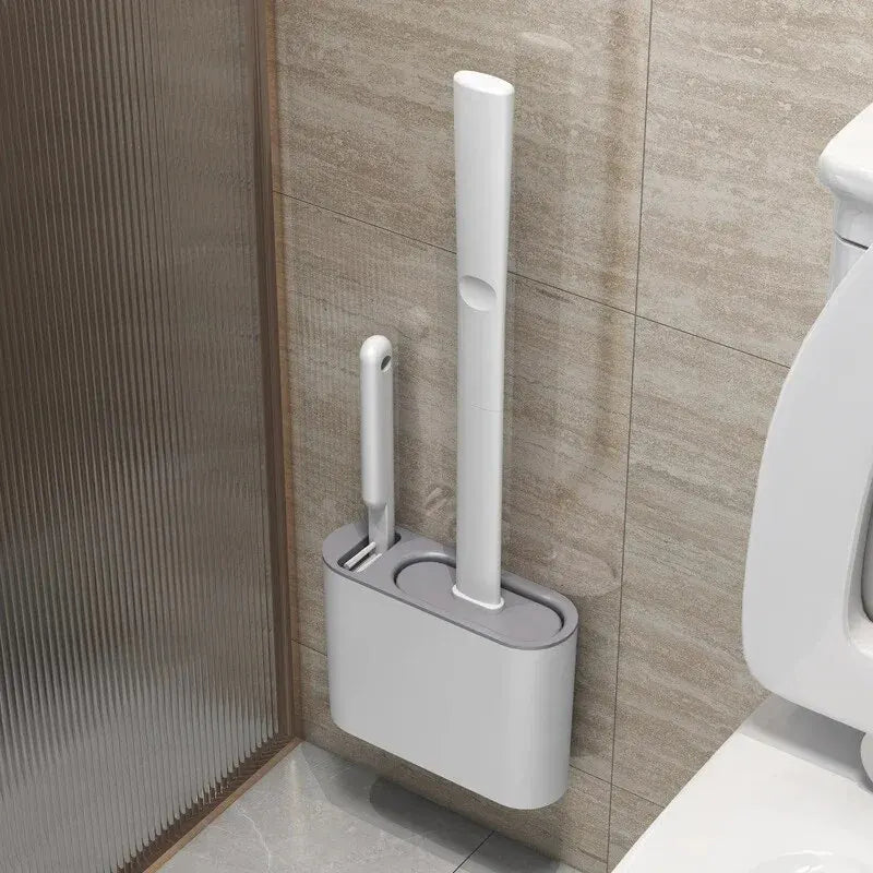 Hygienisches 2-in-1 Silikon WC-Bürstenset mit Wandhalterung für effektive Badreinigung.