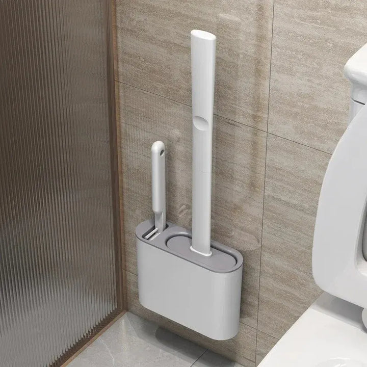 Hygienisches 2-in-1 Silikon WC-Bürstenset mit Wandhalterung für effektive Badreinigung.